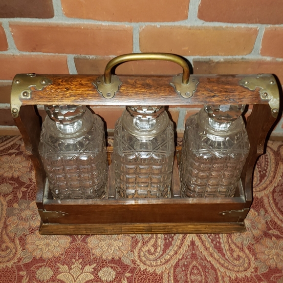 Vintage English Locking Spirit Tantalus in Hallmarked Silver  Antique wooden decanter with lock